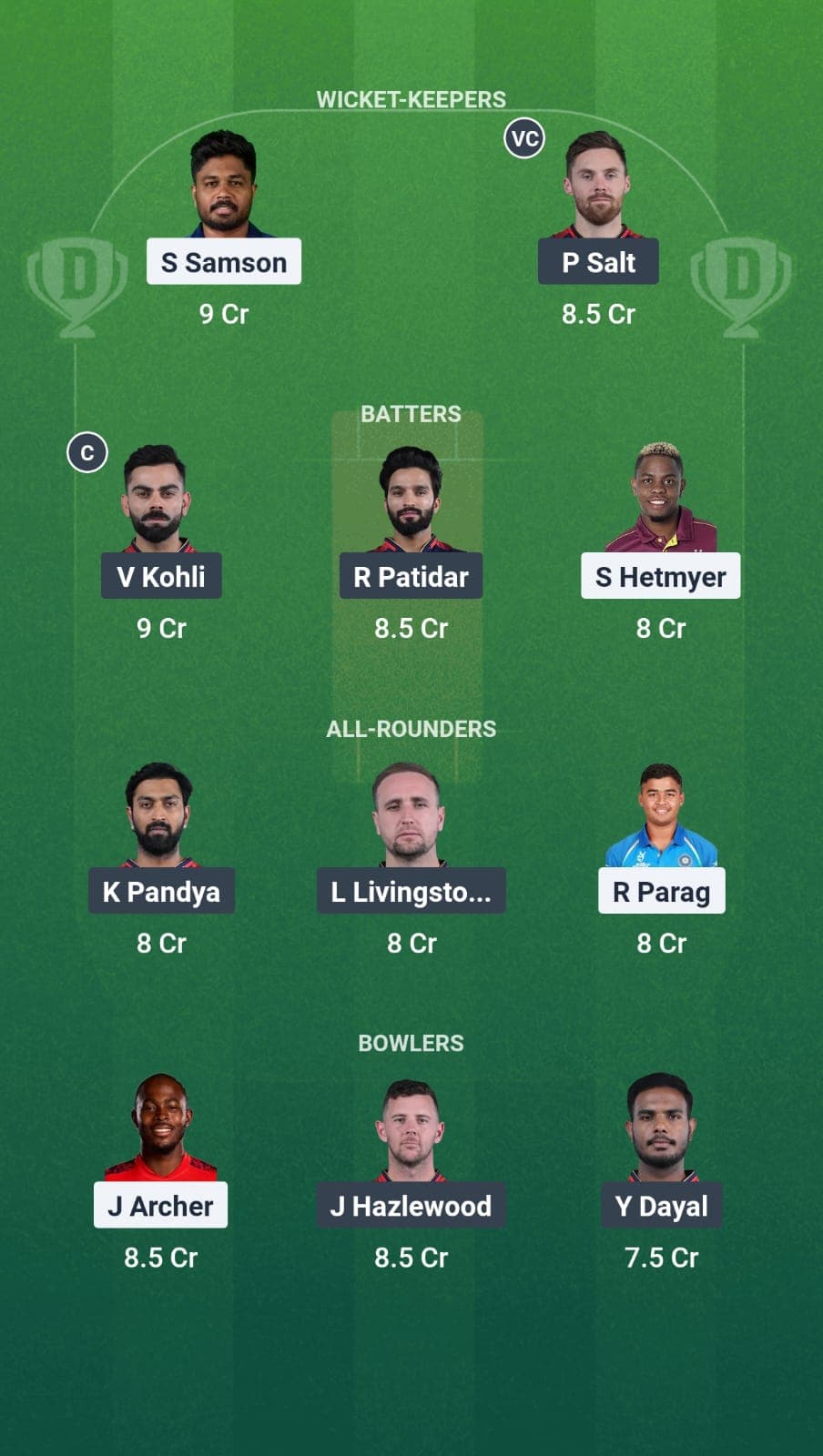 RR vs RCB Dream11 Fantasy Team