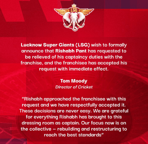 LSG Franchise Releases Official Statement on Social Media