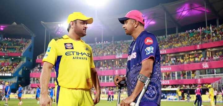 IPL 2025 - CSK's MS Dhoni Checks on Injured Rahul Dravid as RR Coach Walks in on Crutches